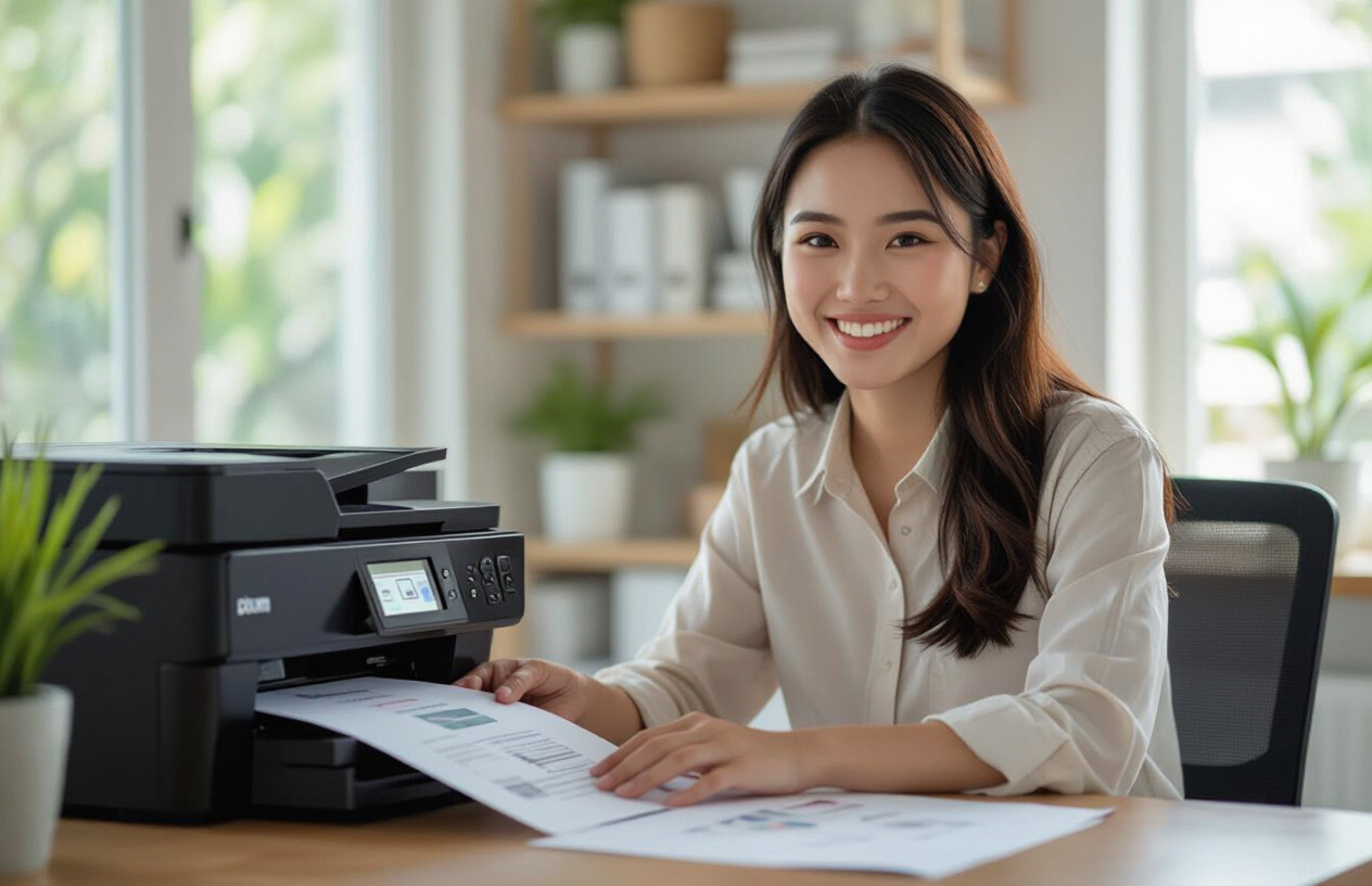 Một Người Phụ Nữ Việt Nam Đang Cười Tươi Và In Tài Liệu Với Máy In Fuji Xerox P225D Của Mình Tại Văn Phòng Ở Châu Thàn