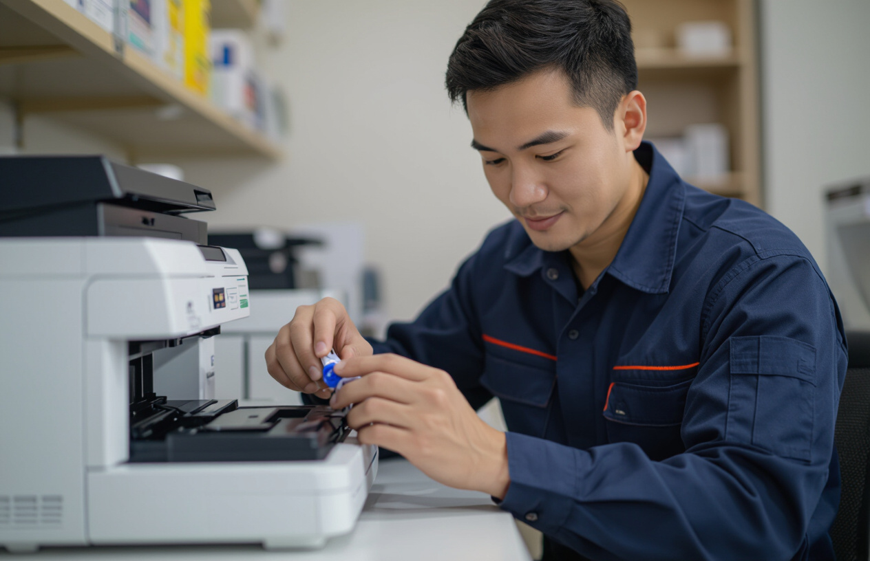 Kỹ Thuật Viên Máy Tính Bến Tre Đang Đổ Mực Máy In Pantum Cho Khách Hàng Tại Nhà Một Cách Cẩn Thận Và Chuyên Nghiệp.