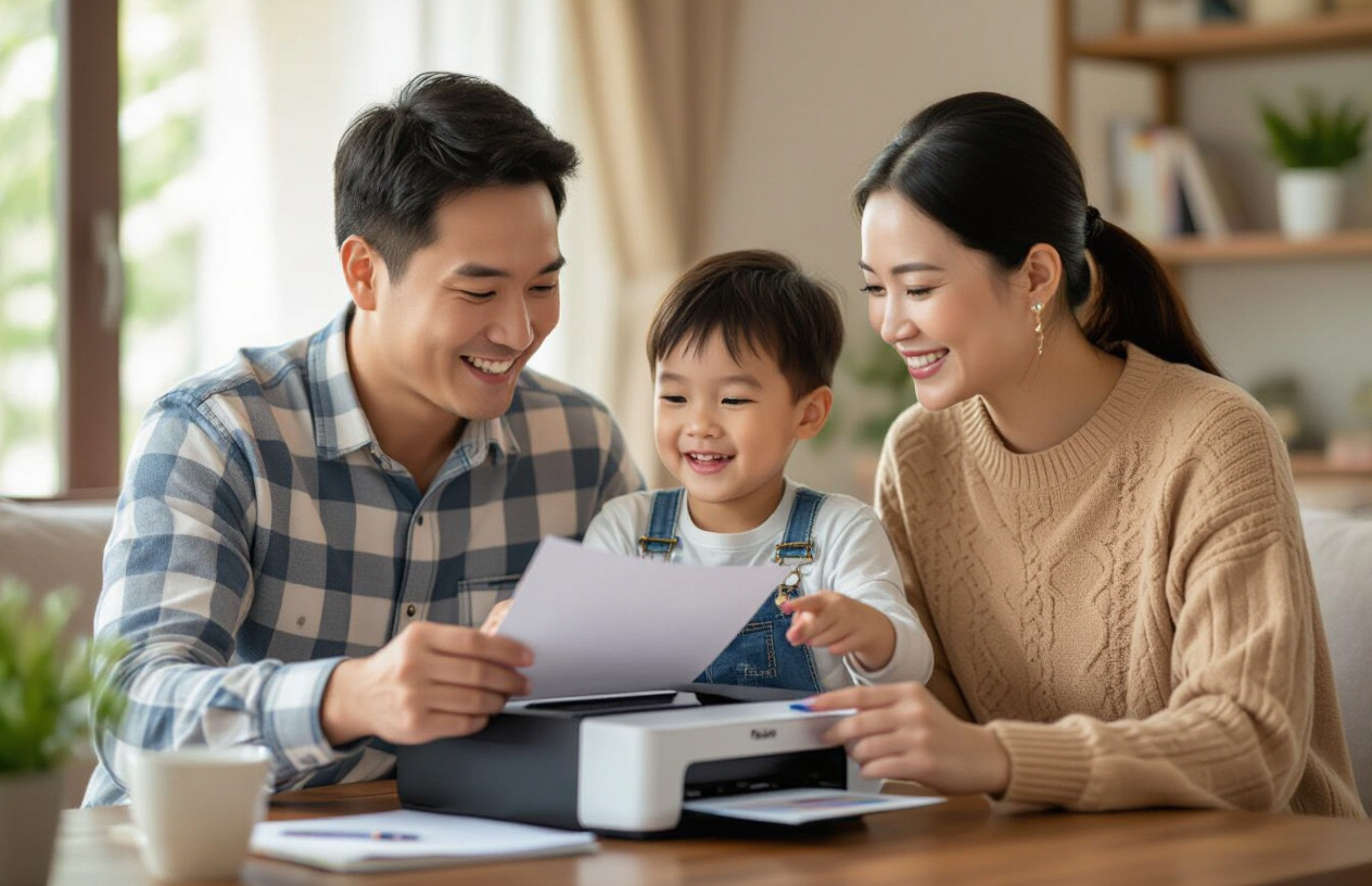 Một Gia Đình Người Việt Đang Vui Vẻ Sử Dụng Máy In Pantum Đã Được Sửa Chữa, Thể Hiện Sự Hài Lòng Với Dịch Vụ Tại Nhà.