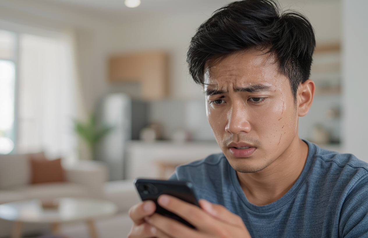 Một Người Đàn Ông Việt Nam Đang Lo Lắng Nhìn Vào Điện Thoại Android Của Mình Sau Khi Mất Dữ Liệu.