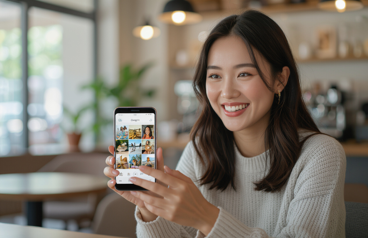 Một Phụ Nữ Việt Nam Vui Vẻ Xem Lại Những Bức Ảnh Đã Được Phục Hồi Trên Điện Thoại Của Mình.