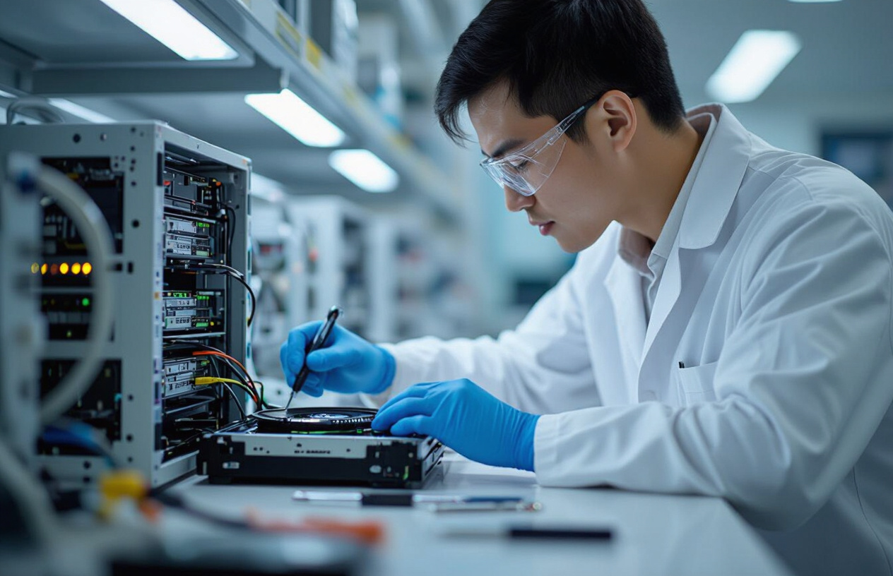 Kỹ Thuật Viên Máy Tính Bến Tre Đang Thao Tác Phục Hồi Dữ Liệu Trên Ổ Cứng Server Trong Phòng Lab Chuyên Dụng