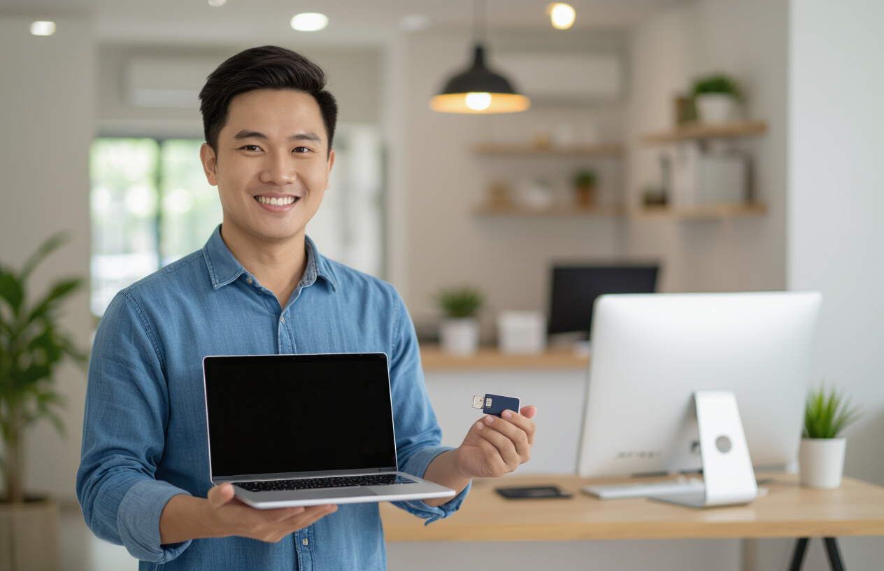 Một Người Đàn Ông Việt Nam Đang Mỉm Cười Hạnh Phúc, Ôm Chiếc Laptop Đã Được Sửa Chữa Và Usb Chứa Dữ Liệu Phục Hồi.