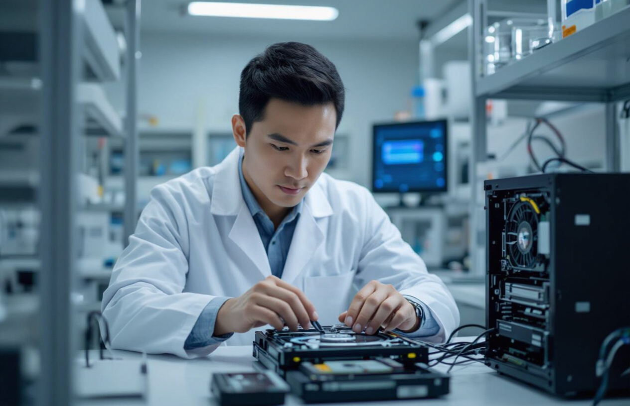 Kỹ Thuật Viên Máy Tính Bến Tre Đang Làm Việc Với Thiết Bị Phục Hồi Dữ Liệu Chuyên Nghiệp.
