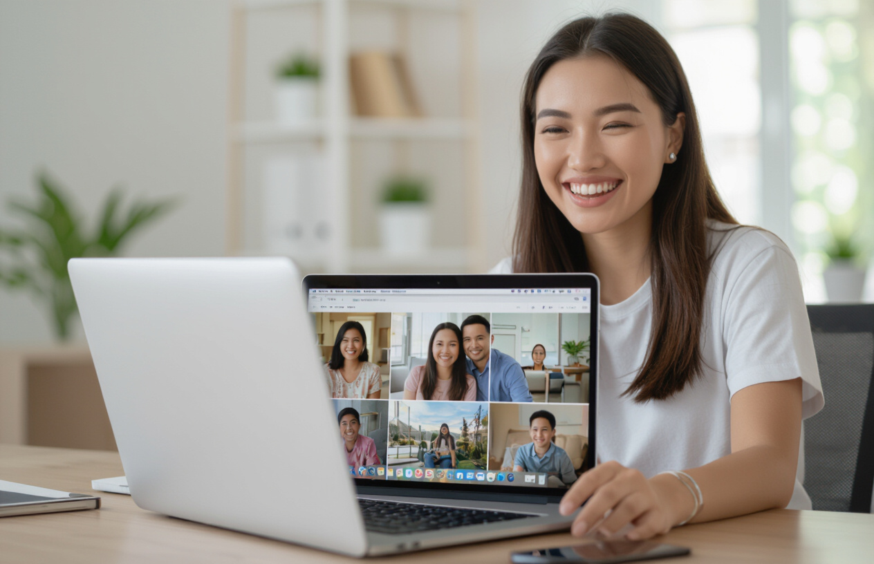 Một Phụ Nữ Việt Nam Trẻ Tuổi Mỉm Cười Hạnh Phúc Khi Nhìn Thấy Dữ Liệu Ảnh Đã Phục Hồi Trên Màn Hình Máy Tính.