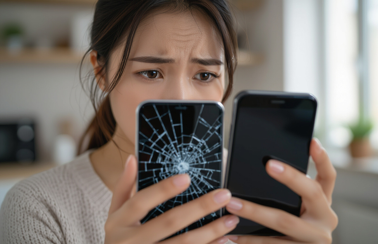 Người Phụ Nữ Việt Nam Lo Lắng Nhìn Vào Chiếc Điện Thoại Bị Vỡ Màn Hình.