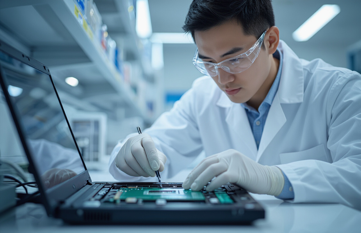 Kỹ Thuật Viên Máy Tính Bến Tre Đang Thực Hiện Quy Trình Phục Hồi Dữ Liệu Trên Ổ Cứng Laptop Trong Phòng Lab Sạch.