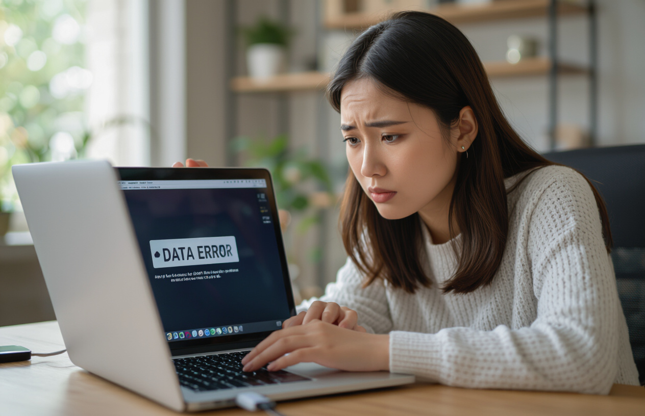 Một Người Phụ Nữ Việt Nam Trẻ Tuổi Đang Lo Lắng Nhìn Vào Chiếc Usb Bị Lỗi Và Màn Hình Máy Tính Hiển Thị Thông Báo Lỗi,