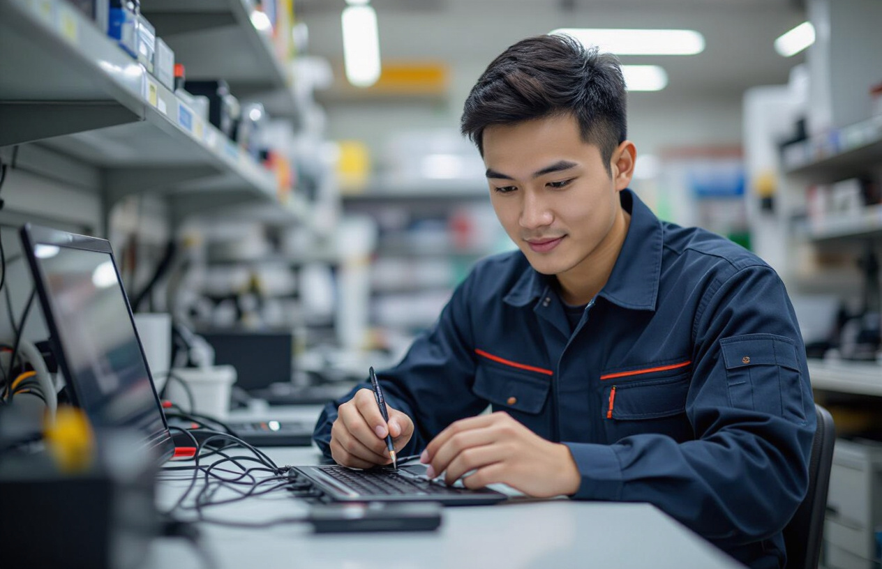Kỹ Thuật Viên Maytinhbentre.Com Đang Kiểm Tra Adapter Sạc Laptop Acer Bị Đứt Dây.