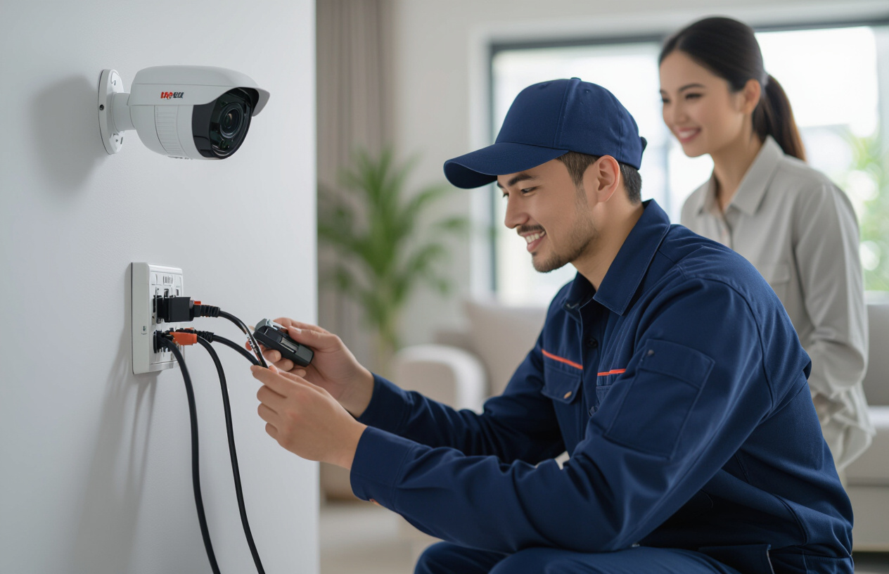 Kỹ Thuật Viên Máy Tính Bến Tre Đang Kiểm Tra Nguồn Điện Cho Camera Dahua Ipc-Hfw2431S-S Bị Lỗi Tại Nhà Khách Hàng.