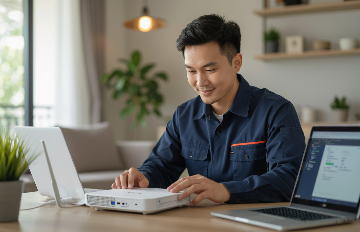 Kỹ Thuật Viên Chuyên Nghiệp Tại Bến Tre Đang Kiểm Tra Router Wi-Fi Để Khắc Phục Lỗi Kết Nối Camera.