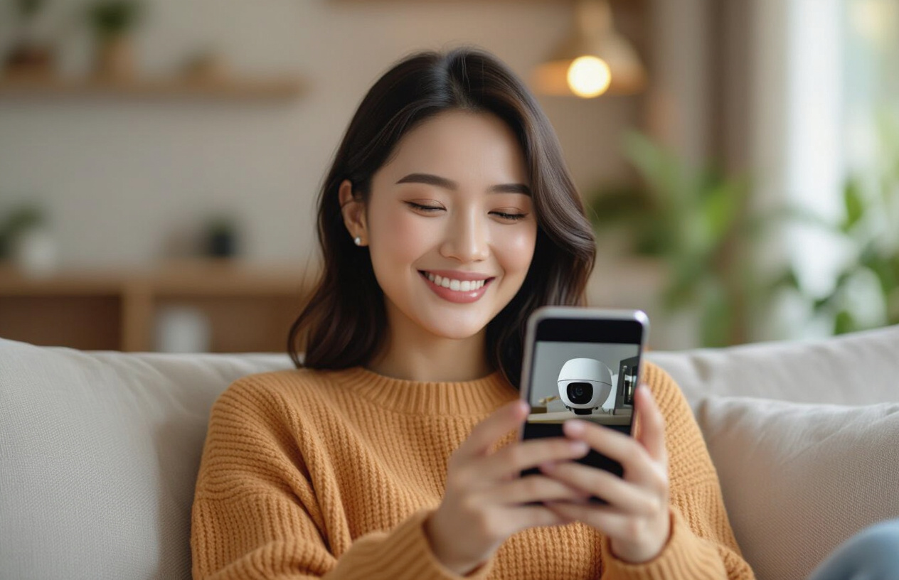 Một Người Phụ Nữ Việt Nam Hạnh Phúc Kiểm Tra Ứng Dụng Camera Trên Điện Thoại, Thấy Hình Ảnh Rõ Nét Từ Camera Đã Được S