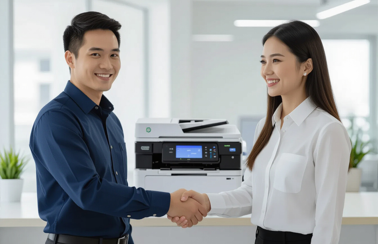 Khách Hàng Hài Lòng Bắt Tay Kỹ Thuật Viên Sau Khi Máy In Được Sửa Chữa Thành Công