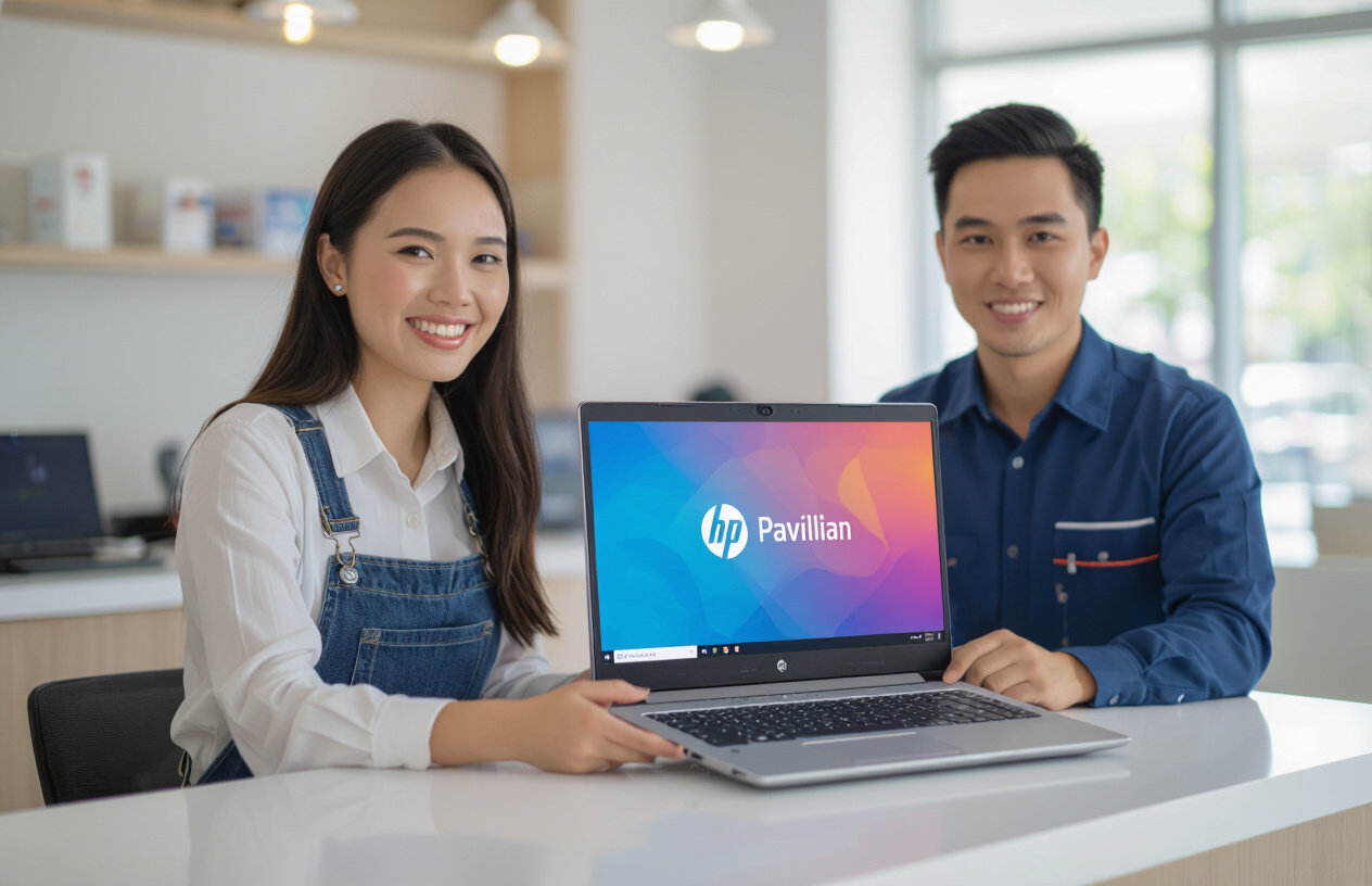 Một Khách Hàng Hài Lòng Đang Nhận Lại Chiếc Laptop Hp Pavilion 15 Với Màn Hình Đã Được Sửa Chữa Hoàn Hảo Từ Dịch Vụ Má