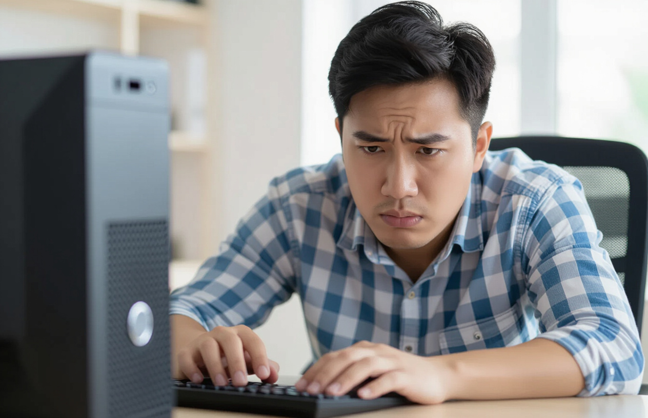 Người Dùng Máy Tính Tại Bến Tre Đang Gặp Khó Khăn Khi Khởi Động Pc Do Phím Nguồn Bị Lờn, Gương Mặt Thể Hiện Sự Bực Bội