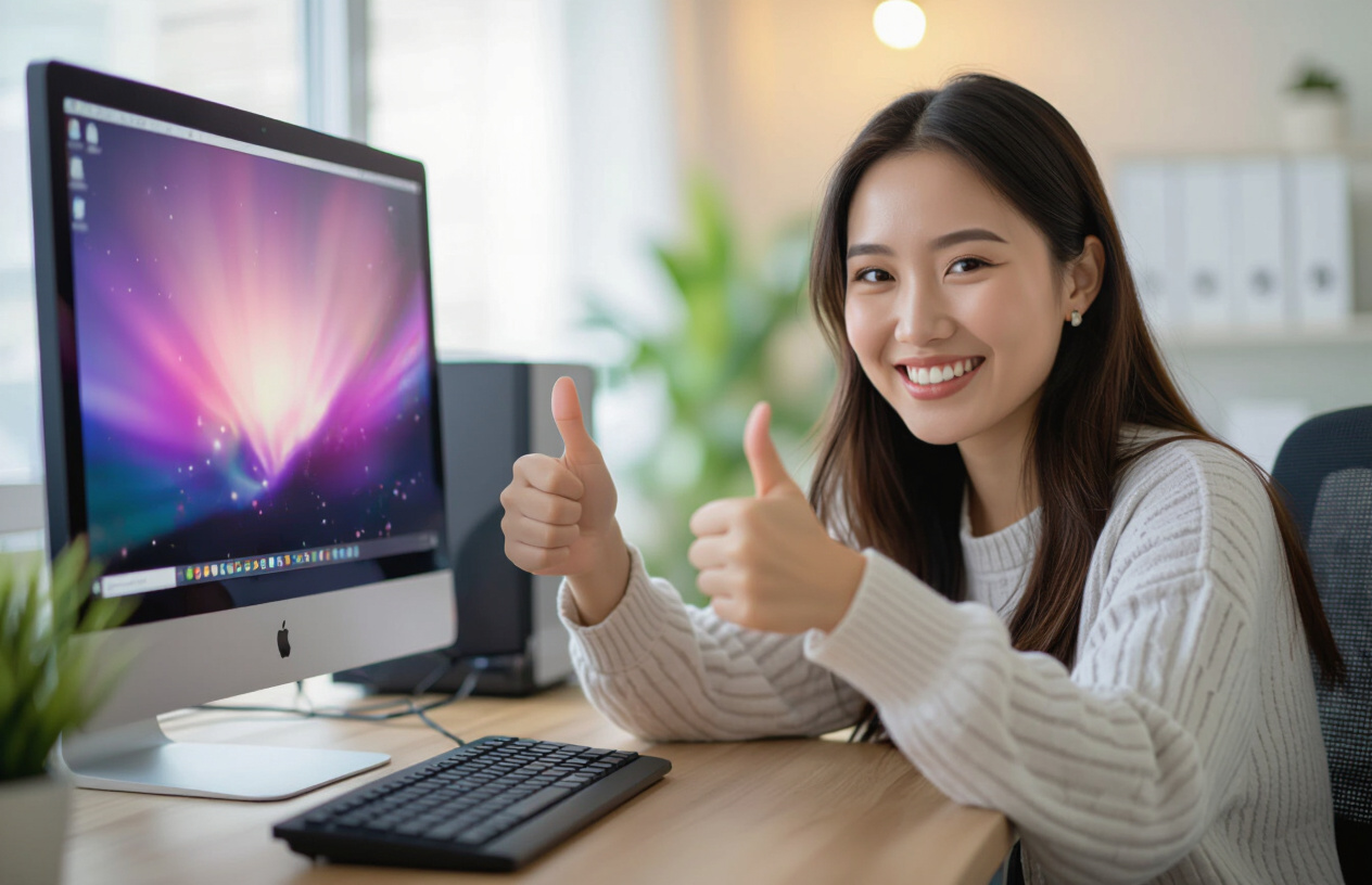 Máy Tính Pc Đã Được Sửa Chữa Thành Công, Màn Hình Sáng Lên Với Hình Ảnh Sống Động, Người Dùng Mỉm Cười Hài Lòng Với Dị