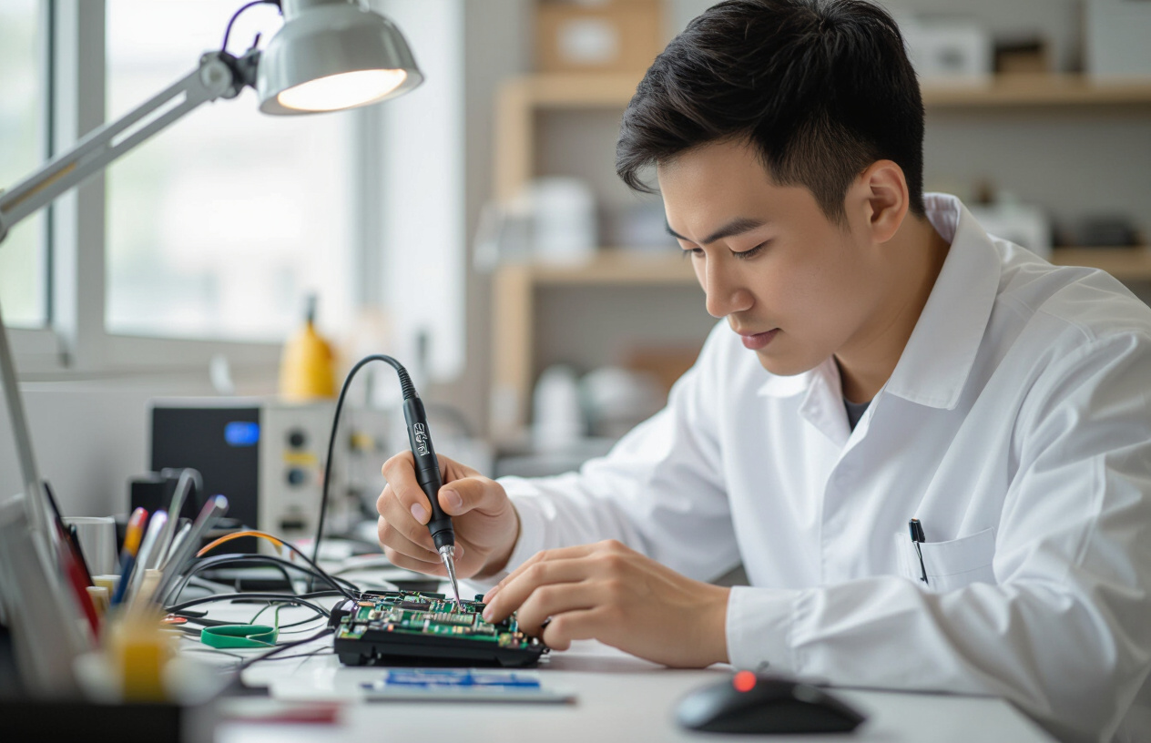 Kỹ Thuật Viên Của Máy Tính Bến Tre Đang Sửa Chữa Chuột Gaming Glorious Model D Bằng Mỏ Hàn Chuyên Dụng.