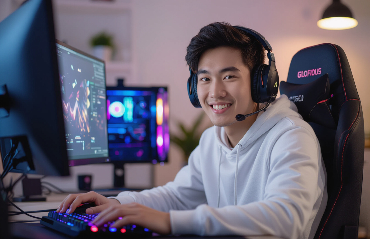 Một Game Thủ Việt Nam Trẻ Tuổi Mỉm Cười Hài Lòng Khi Sử Dụng Chuột Gaming Glorious Model D Đã Được Sửa Chữa, Chơi Game