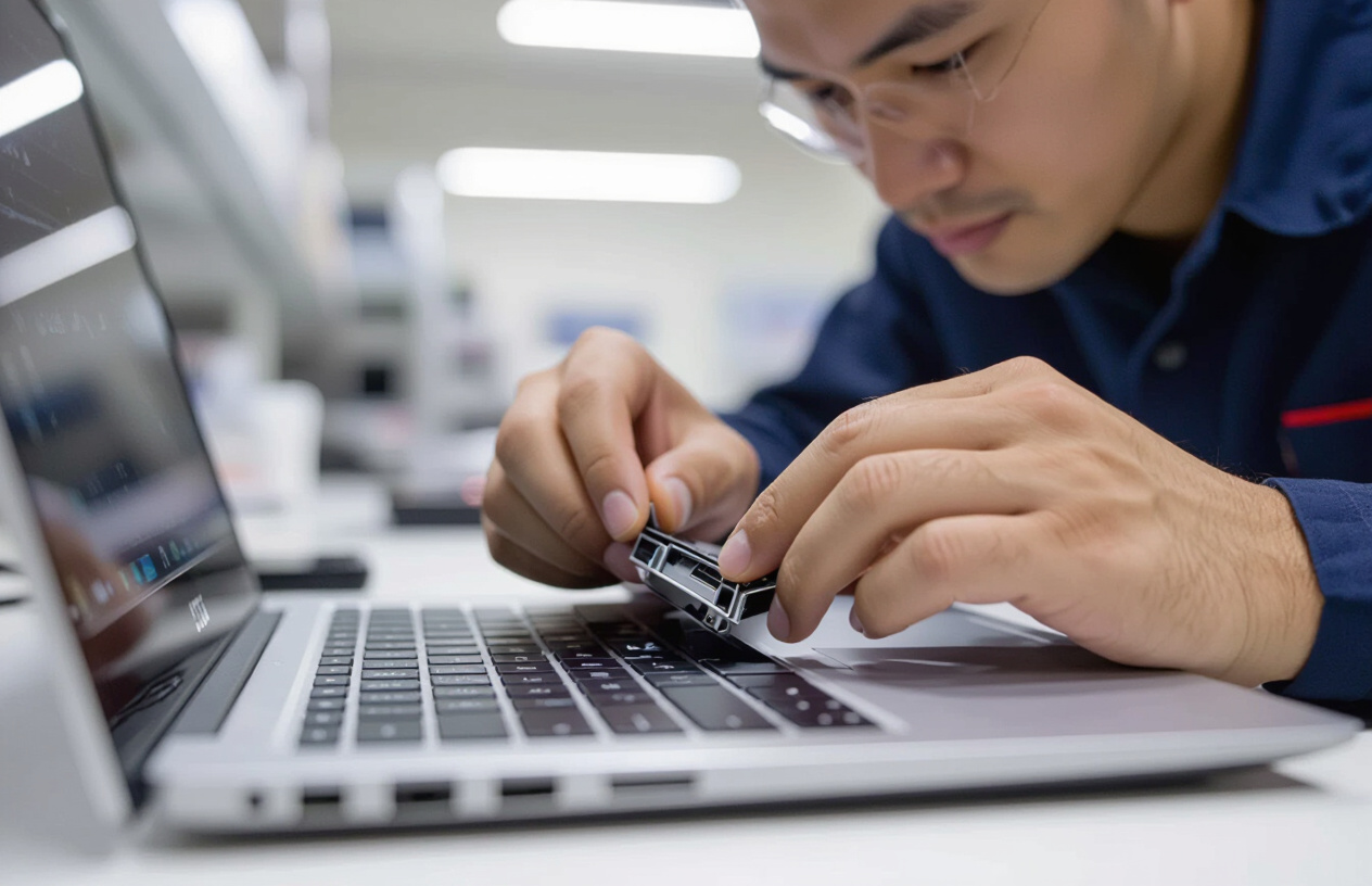Kỹ Thuật Viên Máy Tính Bến Tre Đang Kiểm Tra Cổng Sạc Laptop Acer Aspire 5 Bị Lỏng.