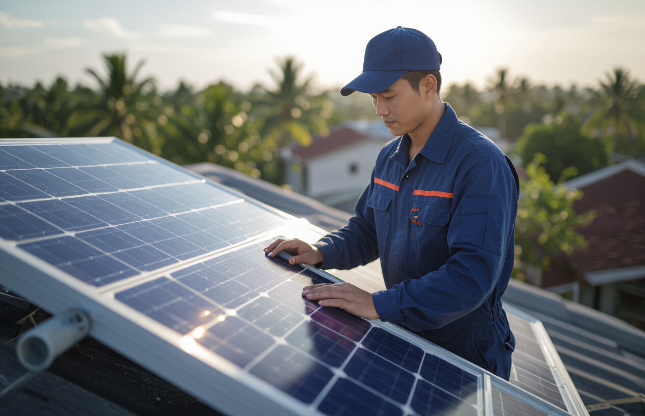 Kỹ Thuật Viên Đang Kiểm Tra Tấm Pin Năng Lượng Mặt Trời Trên Mái Nhà.