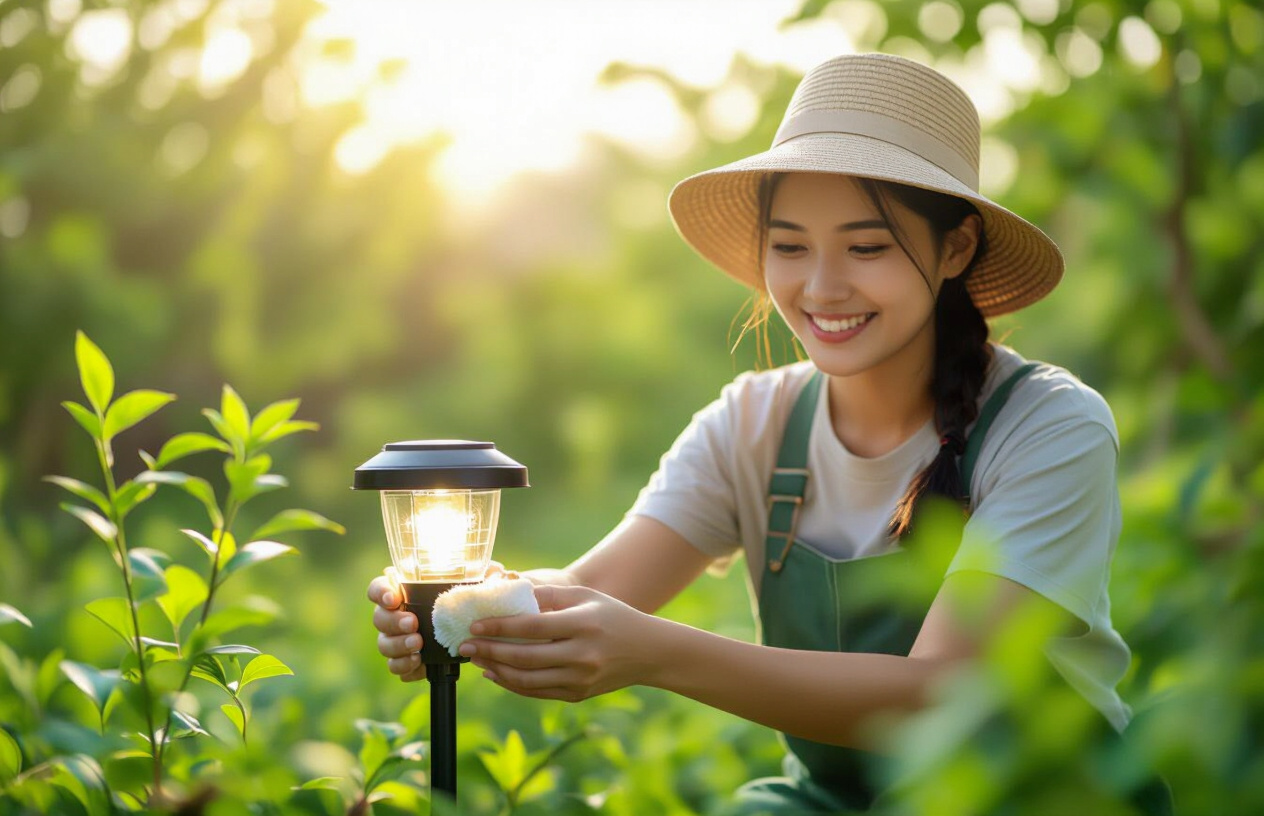 Người Dùng Đang Tự Vệ Sinh Đèn Năng Lượng Mặt Trời.