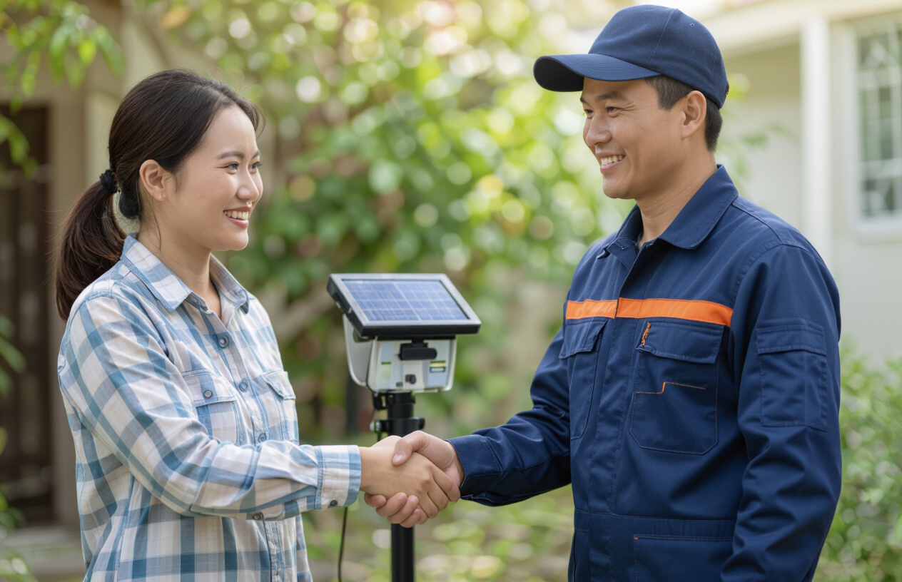 Khách Hàng Bắt Tay Cảm Ơn Kỹ Thuật Viên Sau Khi Sửa Chữa Đèn Nlmt Thành Công.