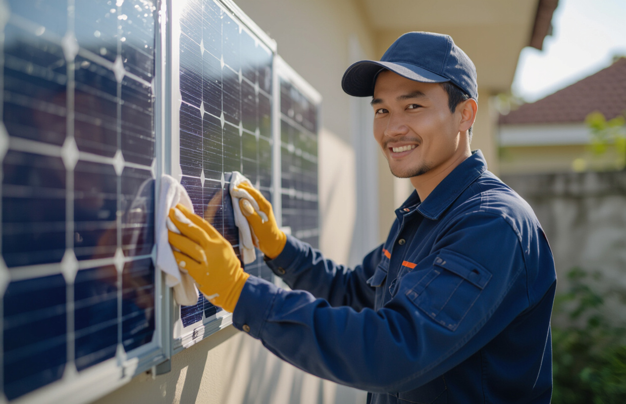 Một Kỹ Thuật Viên Máy Tính Bến Tre Đang Làm Sạch Tấm Pin Năng Lượng Mặt Trời.
