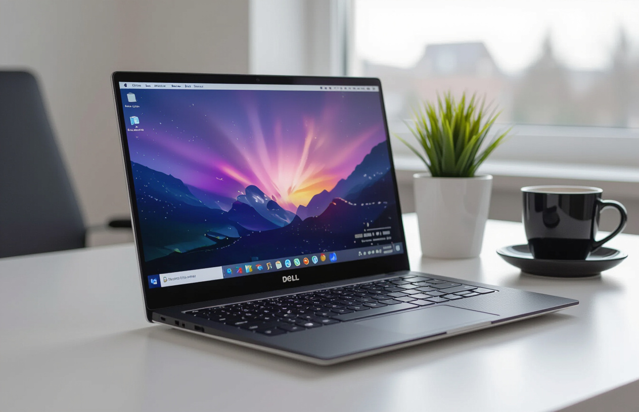 Một Chiếc Laptop Dell Xps 13 Đã Được Sửa Chữa, Hiển Thị Màn Hình Hoạt Động, Đặt Trên Bàn Làm Việc Sạch Sẽ.