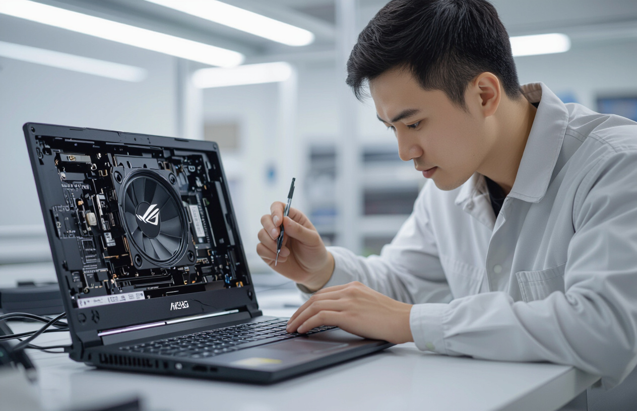 Một Người Kỹ Thuật Viên Việt Nam Đang Tỉ Mỉ Kiểm Tra Loa Laptop Asus Rog Strix G15.