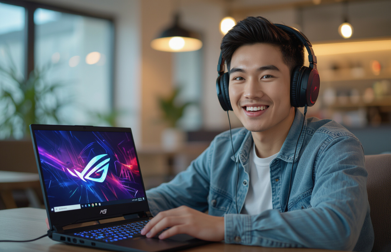 Một Thanh Niên Việt Nam Đang Vui Vẻ Nghe Nhạc Trên Laptop Asus Rog Strix G15 Với Âm Thanh Hoàn Hảo.