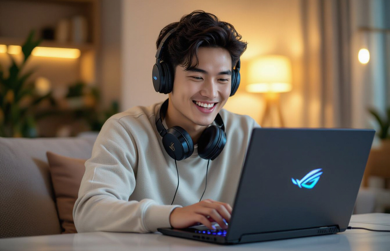 Một Người Đàn Ông Việt Nam Trẻ Tuổi Đang Vui Vẻ Trải Nghiệm Âm Thanh Rõ Ràng Từ Laptop Asus Rog Sau Khi Sửa Chữa