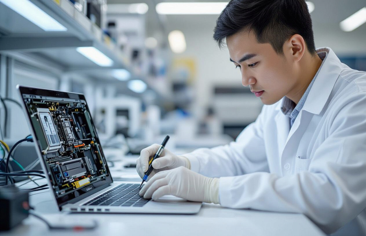 Kỹ Thuật Viên Chuyên Nghiệp Tại Máy Tính Bến Tre Đang Kiểm Tra Loa Macbook.