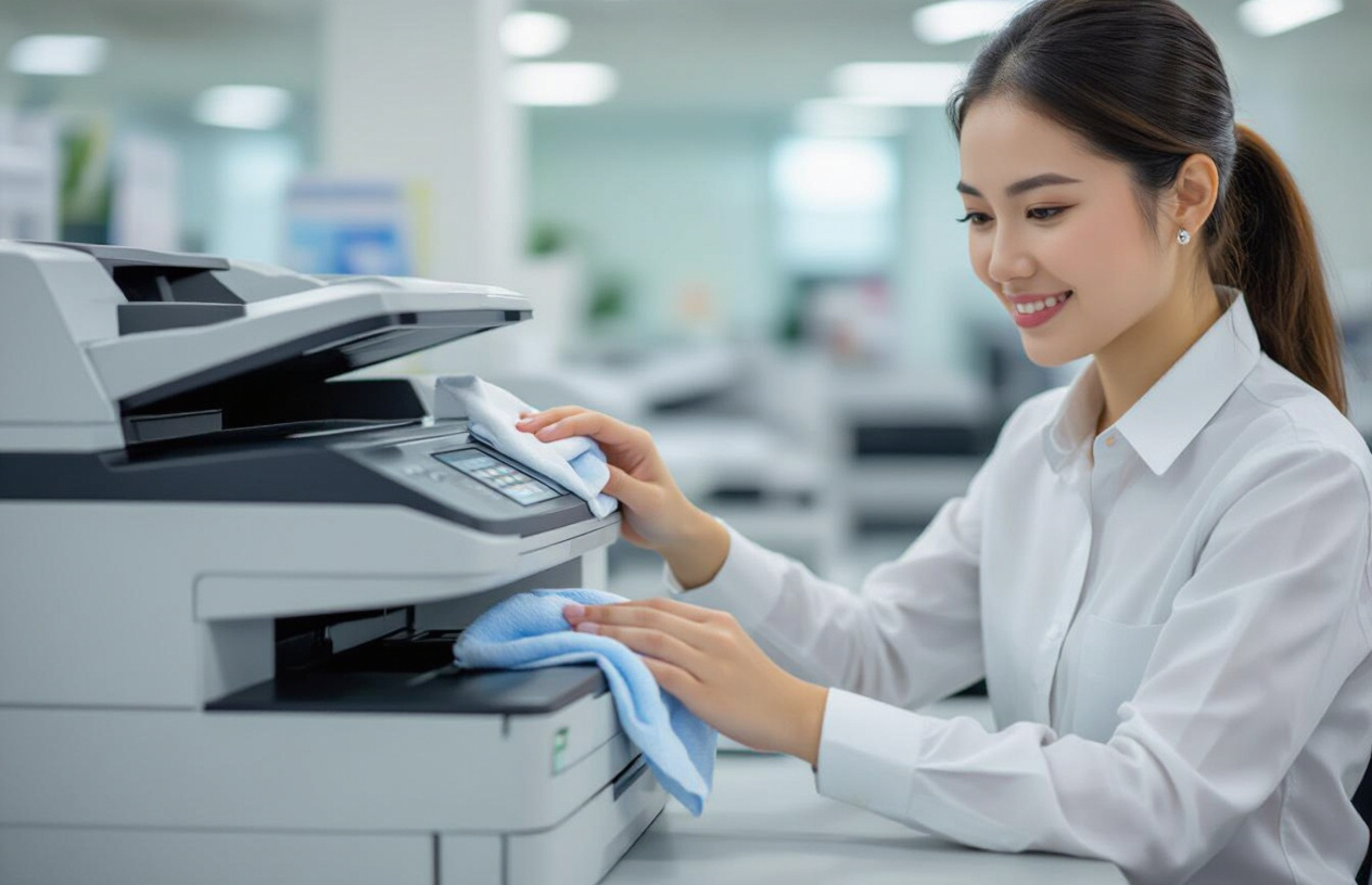 Một Người Dùng Đang Tự Vệ Sinh Mặt Kính Máy Photocopy Để Khắc Phục Lỗi Mờ Chữ