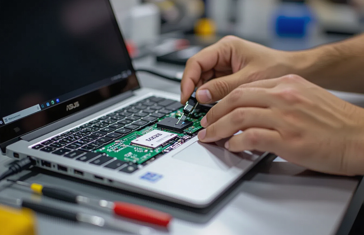 Kỹ Thuật Viên Chuyên Nghiệp Đang Kiểm Tra Mainboard Laptop Asus Vivobook.