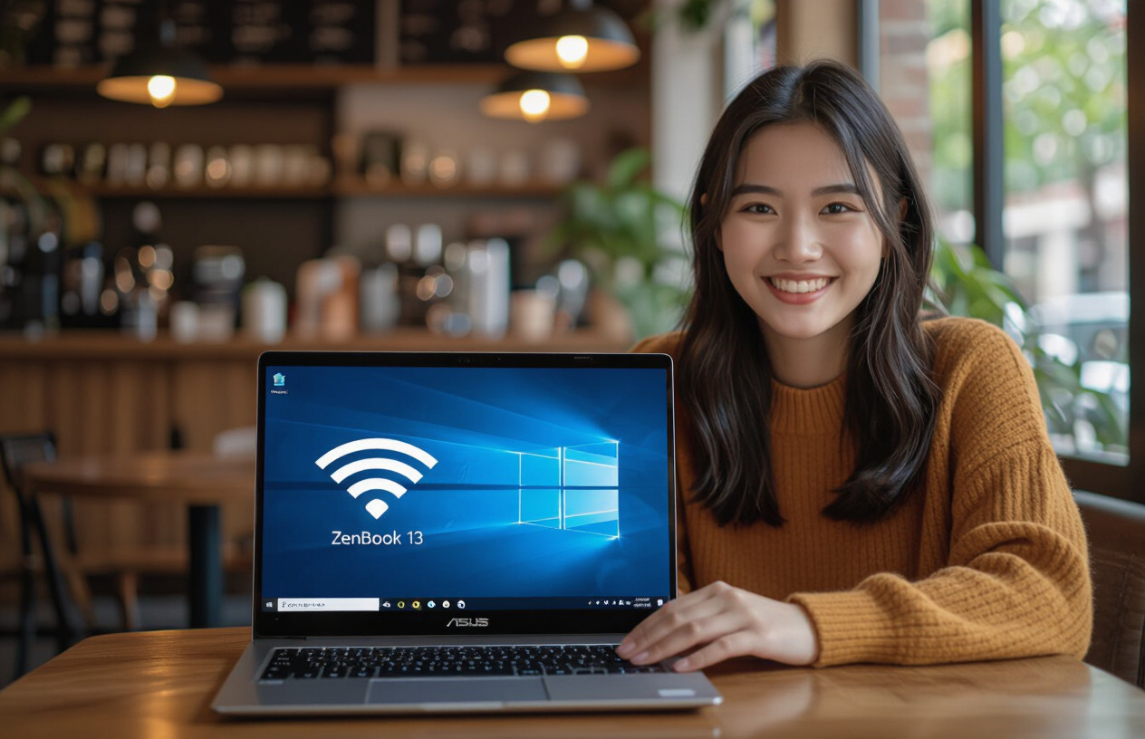 Một Người Dùng Laptop Đang Vui Vẻ Làm Việc Với Tín Hiệu Wifi Đầy Đủ, Thể Hiện Sự Hài Lòng Sau Khi Sửa Chữa.