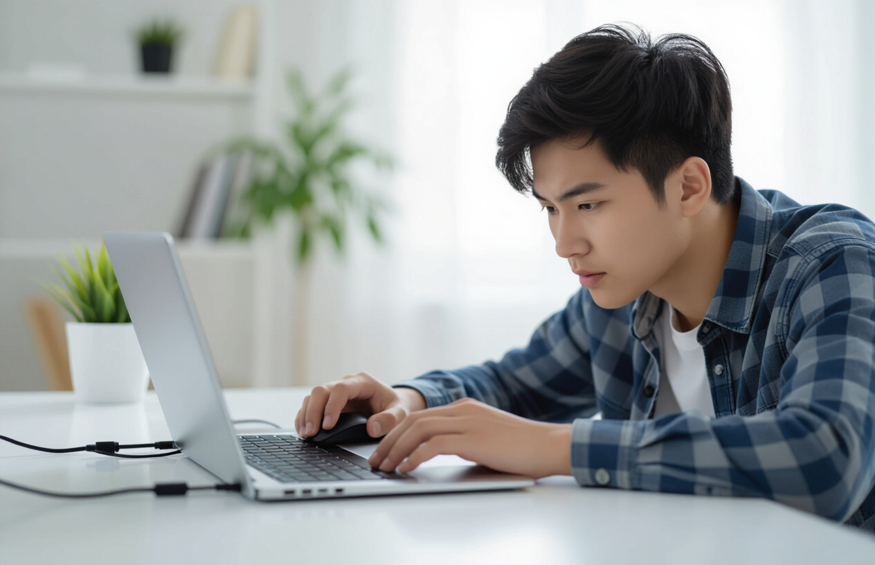 Người Dùng Laptop Tại Bến Tre Đang Thử Cắm Lại Chuột Usb Vào Các Cổng Khác Nhau Trên Máy Tính.