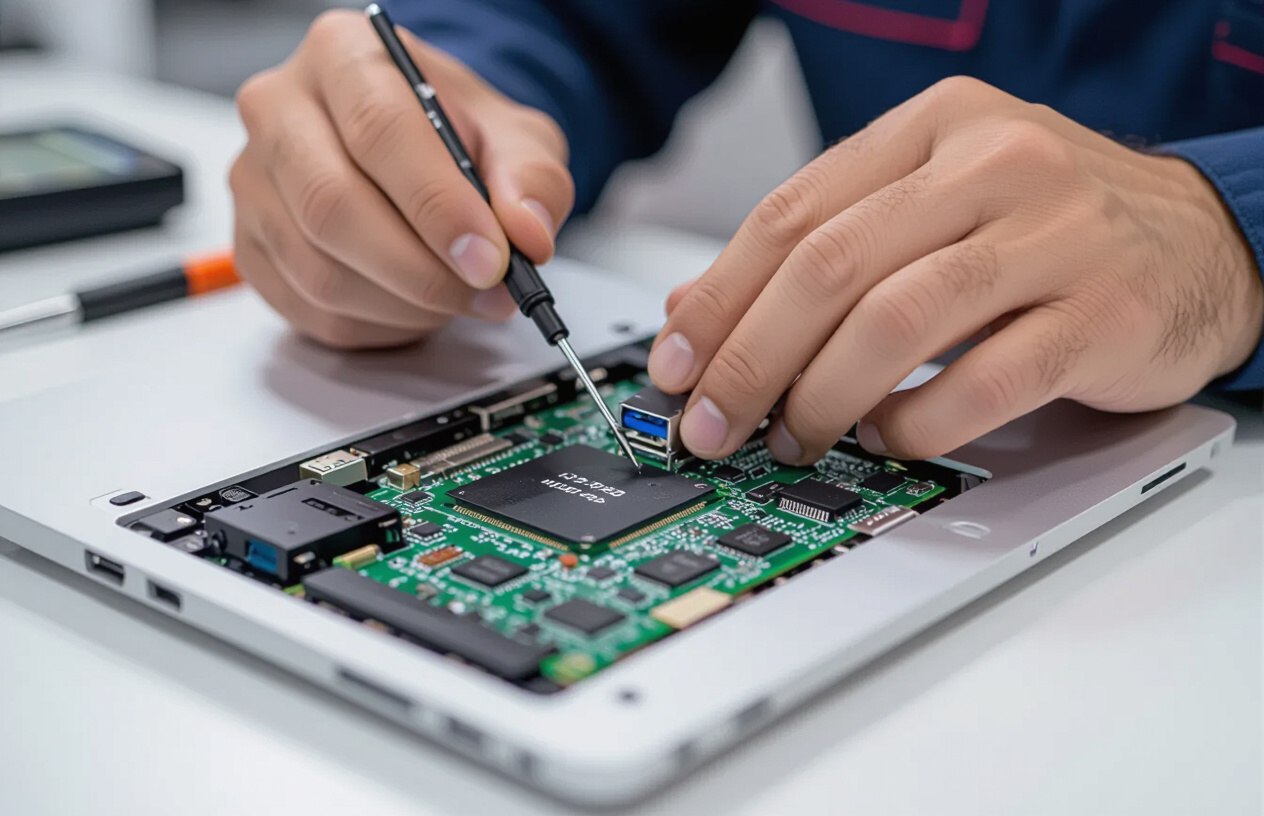 Kỹ Thuật Viên Chuyên Nghiệp Của Máy Tính Bến Tre Đang Kiểm Tra Mainboard Laptop Để Tìm Lỗi Không Nhận Usb.