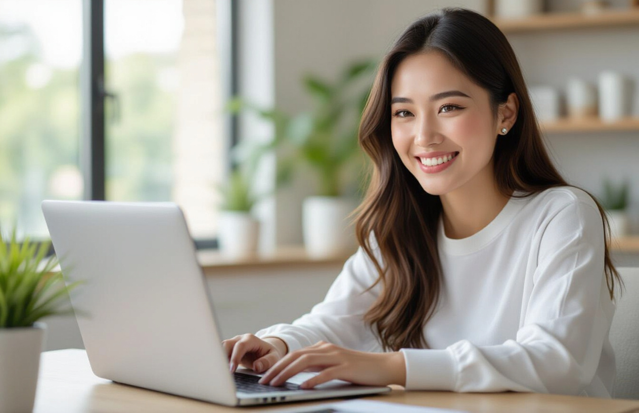 Một Người Phụ Nữ Việt Nam Tươi Cười Sử Dụng Laptop Với Chuột Usb Hoạt Động Bình Thường, Biểu Hiện Sự Hài Lòng.