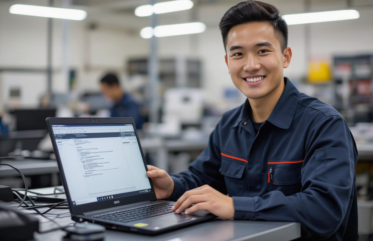 Một Kỹ Thuật Viên Trẻ Đang Cười Tươi Khi Lắp Lại Màn Hình Laptop Đã Được Sửa Chữa Tại Bến Tre