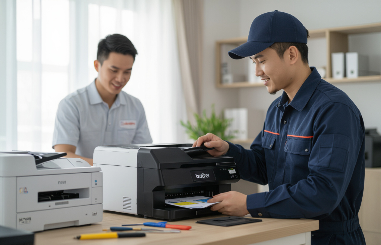 Kỹ Thuật Viên Máy Tính Bến Tre Đang Sửa Chữa Máy In Brother Tại Nhà Khách Hàng Ở Bến Tre.