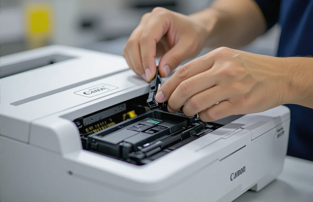 Kỹ Thuật Viên Đang Kiểm Tra Hộp Mực (Toner Cartridge) Của Máy In Canon Lbp2900, Tìm Nguyên Nhân Gây Lỗi In Nhòe.