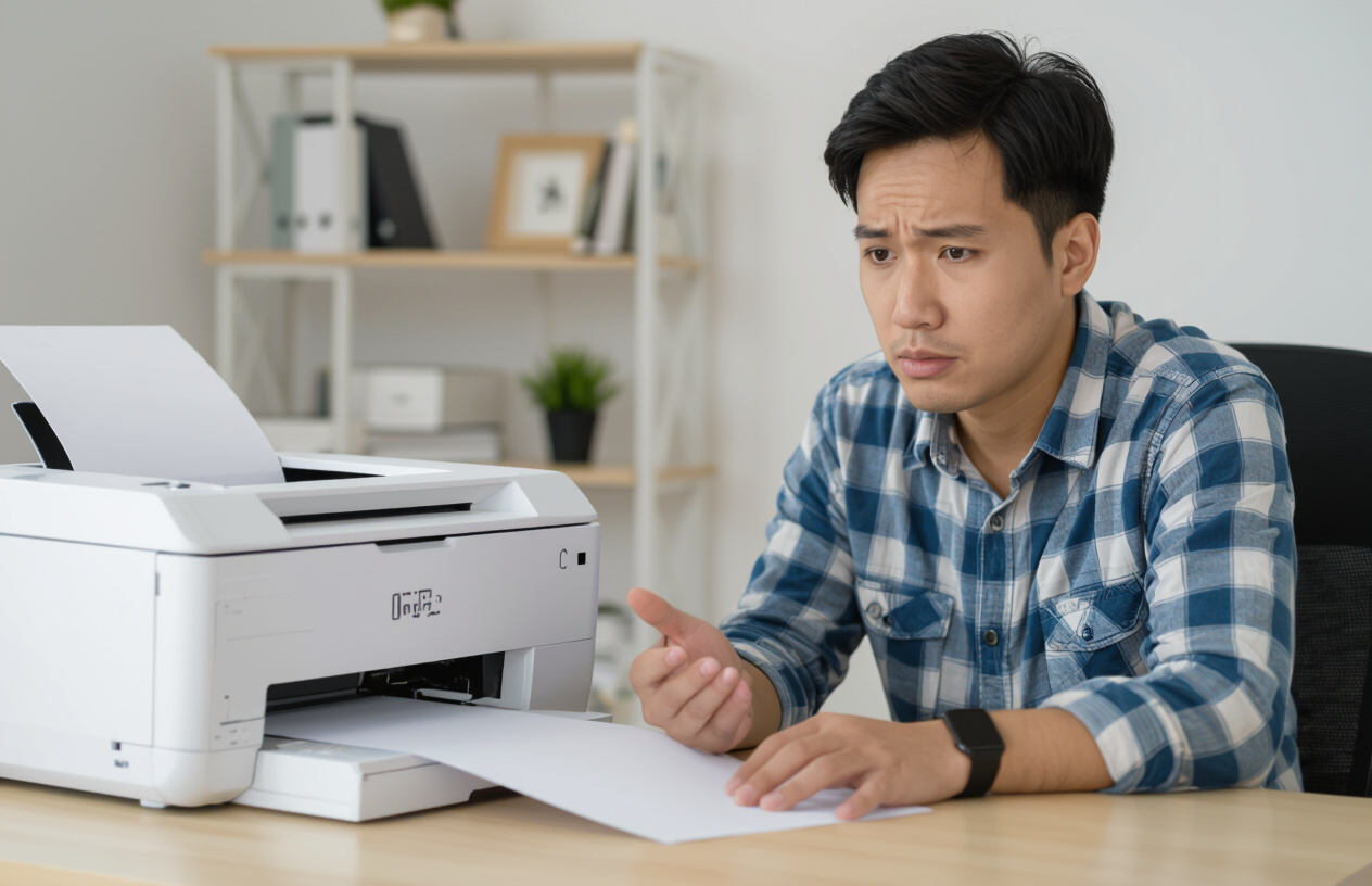 Một Người Đàn Ông Việt Nam Đang Nhìn Máy In Với Vẻ Mặt Bối Rối, Máy In Hiển Thị Lỗi.