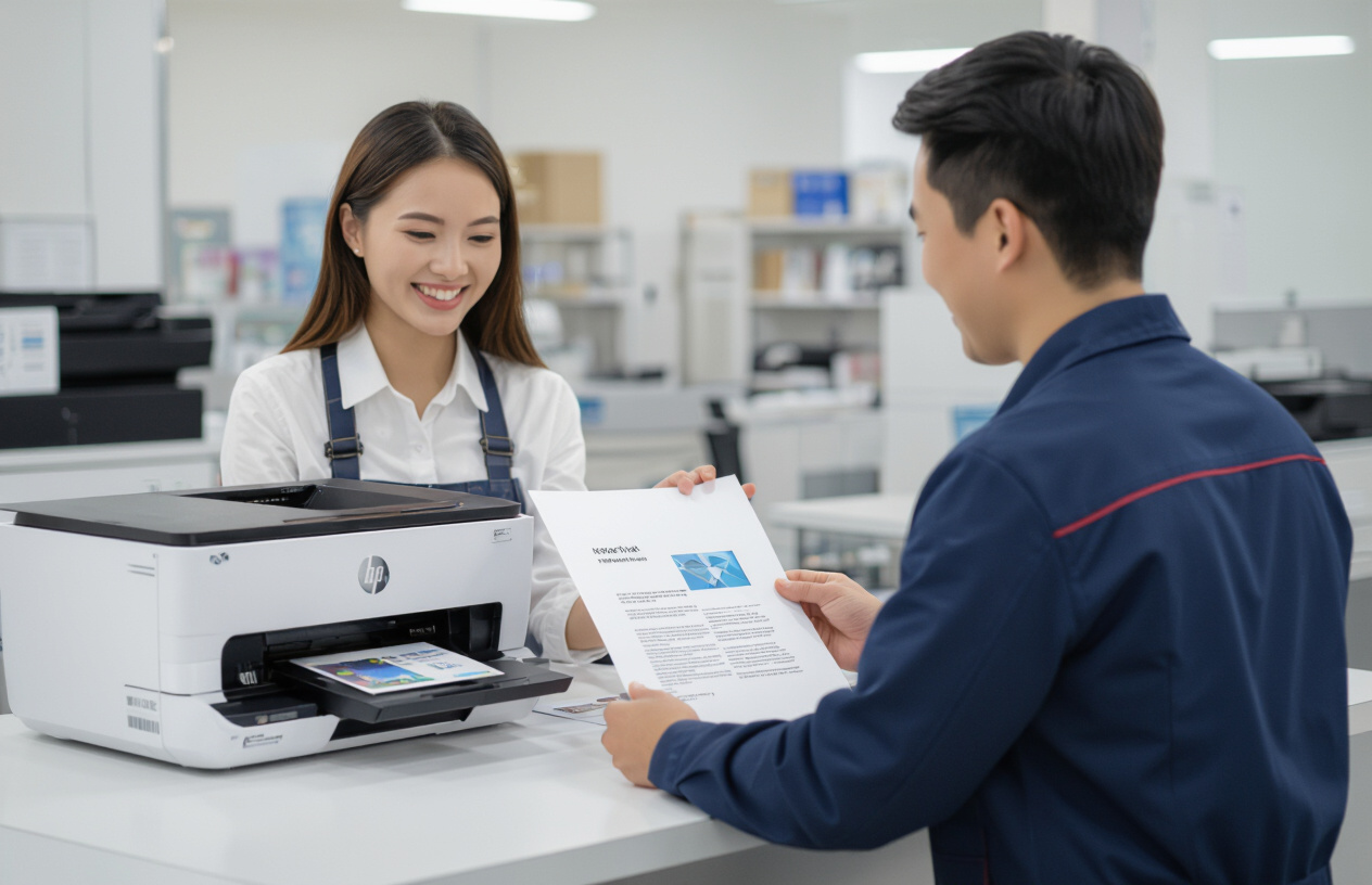 Một Khách Hàng Người Việt Đang Vui Vẻ Nhận Lại Máy In Hp Smart Tank 615 Đã Được Sửa Chữa Và In Thử Bản Đẹp.