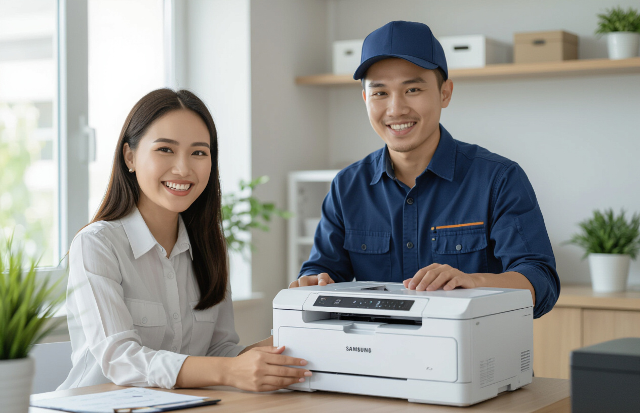 Một Khách Hàng Nữ Việt Nam Mỉm Cười Hài Lòng Khi Kỹ Thuật Viên Đang Hướng Dẫn Sử Dụng Máy In Đã Được Sửa Chữa.