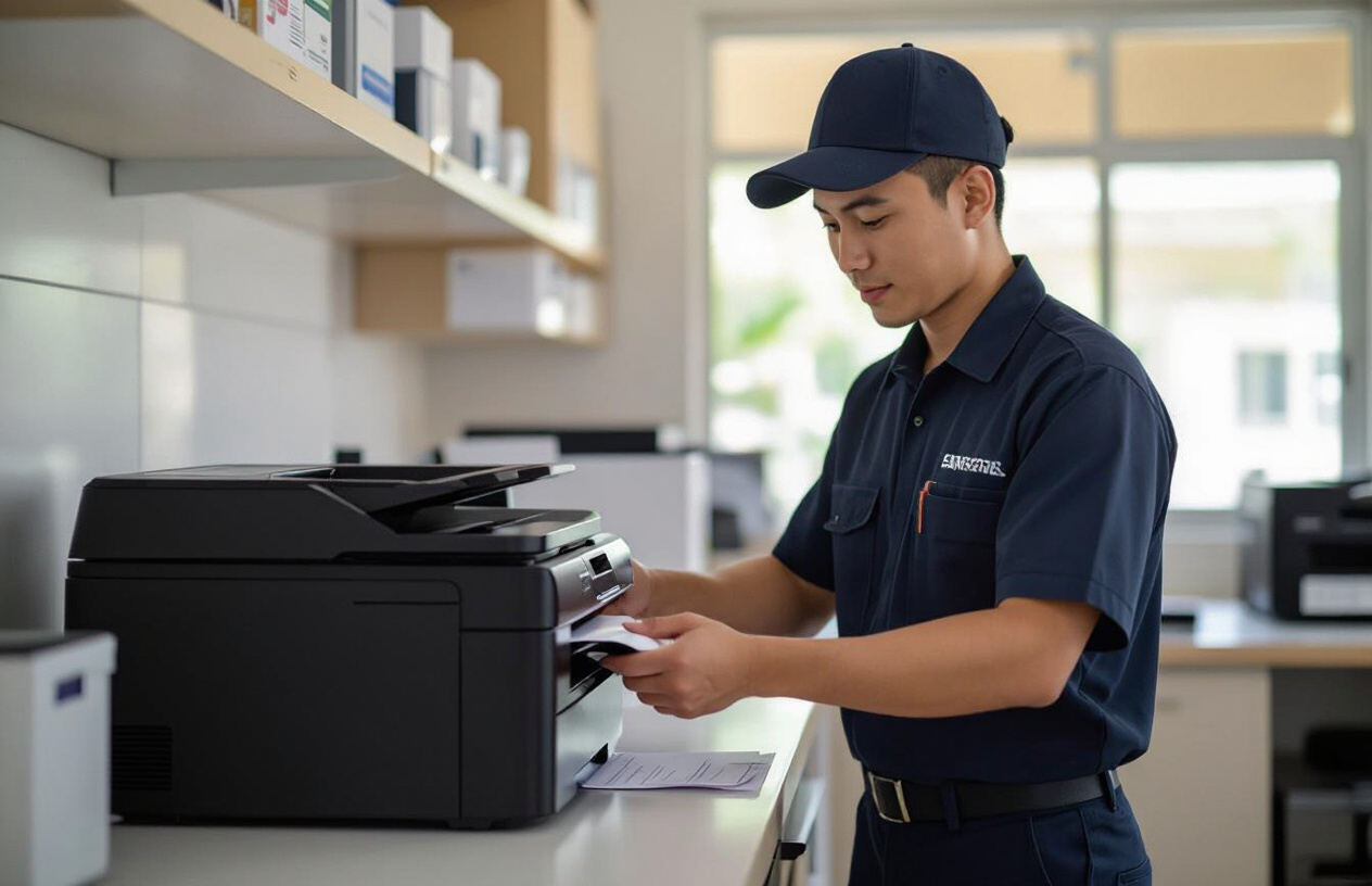 Kỹ Thuật Viên Máy Tính Bến Tre Đang Kiểm Tra Máy In Samsung Bị Kẹt Giấy Tại Bến Tre