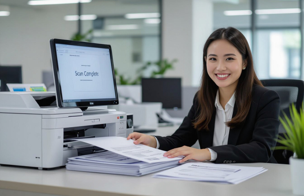 Người Dùng Vui Vẻ Scan Tài Liệu Từ Máy Photo Qua Máy Tính Thành Công.