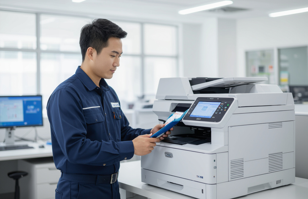 Kỹ Thuật Viên Maytinhbentre.Com Đang Kiểm Tra Máy Photocopy Xerox Workcentre 7845 Bị Lỗi Tại Văn Phòng Ở Bến Tre
