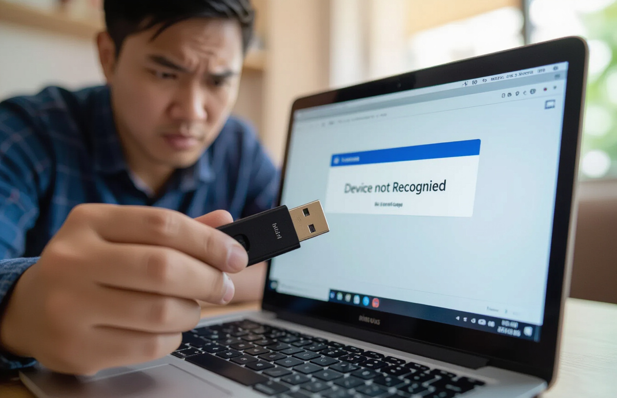 Người Dùng Đang Cắm Usb Vào Máy Tính Nhưng Không Nhận, Thể Hiện Sự Bối Rối.