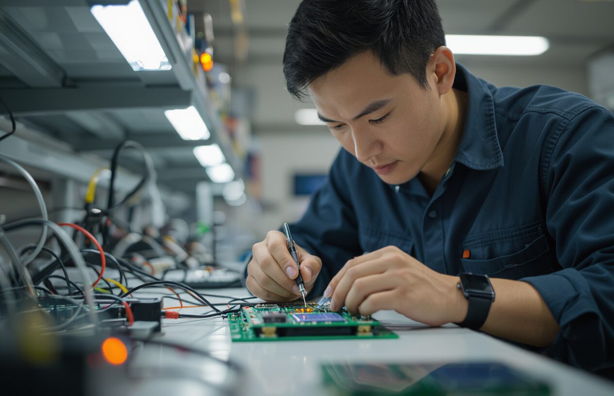 Kỹ Thuật Viên Máy Tính Bến Tre Đang Sửa Chữa Mạch Đèn Năng Lượng Mặt Trời Chuyên Nghiệp