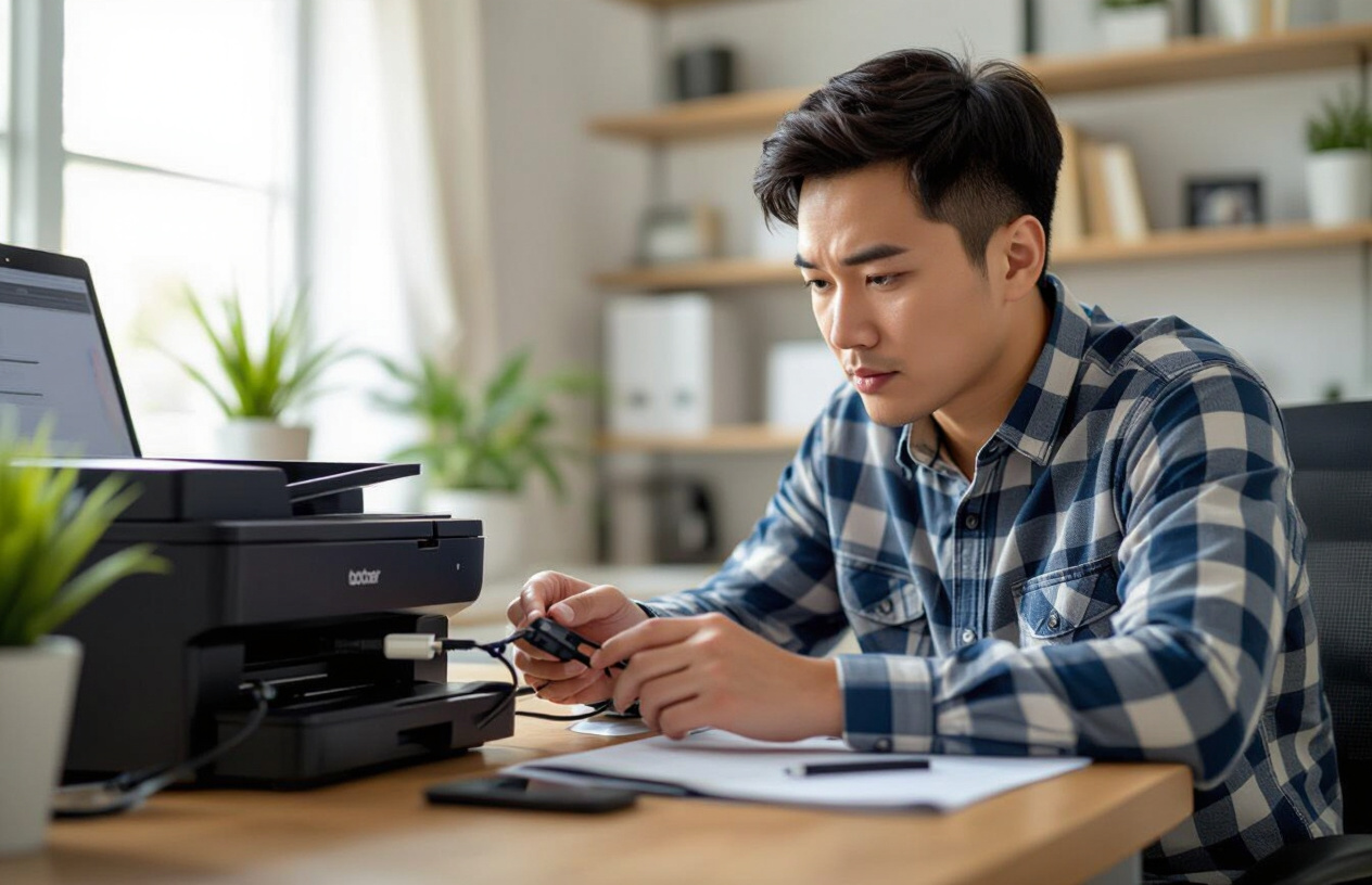 Một Người Đàn Ông Đang Kiểm Tra Các Dây Cáp Kết Nối Của Máy In Brother.